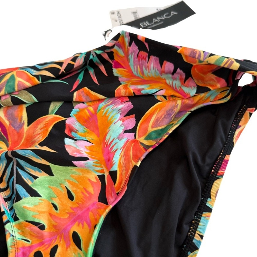 LA BLANCA Tropical Leaf Print Foldover Bikini Bottoms Black Orange Green Size 14 - Picture 8 of 8